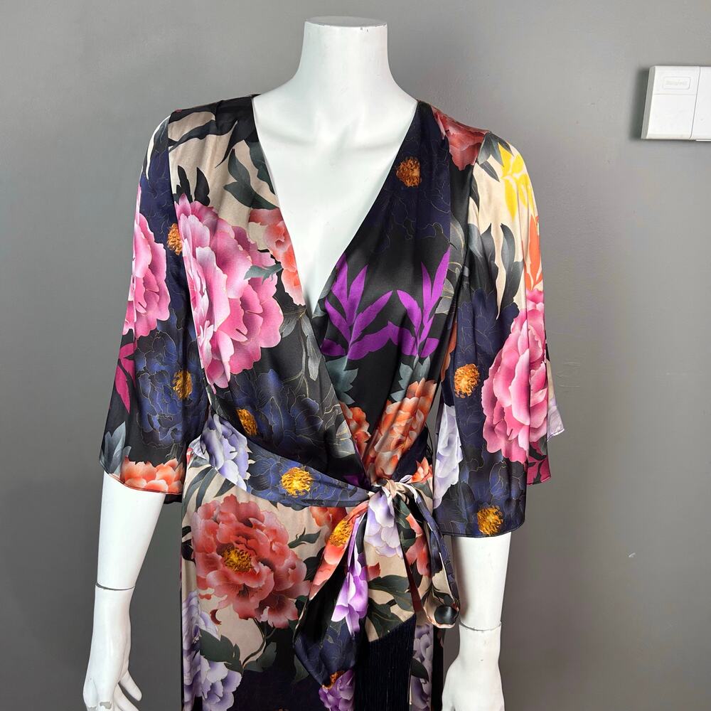 Kobi Halperin Wrap Dress XL Floral Silk-Blend Faux Kimono NWT Asian Fringe Boho - Picture 3 of 16